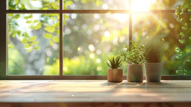 desk of free space with blurred summer window as background. seamless looping overlay 4k virtual video animation background