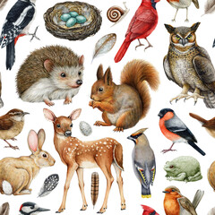 Forest animals seamless pattern. Watercolor painted illustration. Hand drawn forest wild animals and birds seamless pattern. Squirrel, hedgehog, owl, deer, robin, wren elements. White background