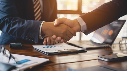 businessman hand shaking over a contract file on the table in office, successful business deal concept, corporate people hand shake - obrazy, fototapety, plakaty