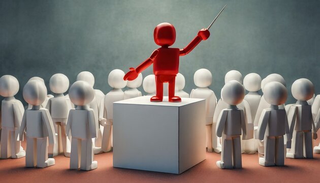3D illustration about leadership and teamwork. Leader speaking to group.
