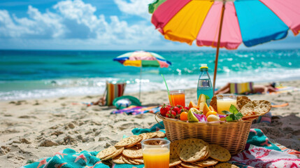 A charming picnic on the beach with a basket of cheese crackers and dips decorated with colorful beach umbrellas and towels.