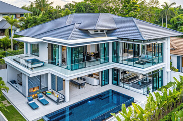 A modern twostory villa with blue tile roof, white walls and glass windows on the first floor. The...