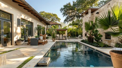 backyard patio and pool, located in Austin TX, in the style of soft tonal transitions, large potted plants, - obrazy, fototapety, plakaty