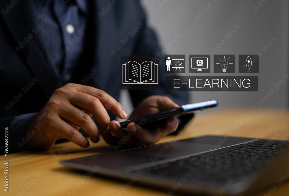 Poster online education concept. person with virtual e-learning icon for online education training and e-le