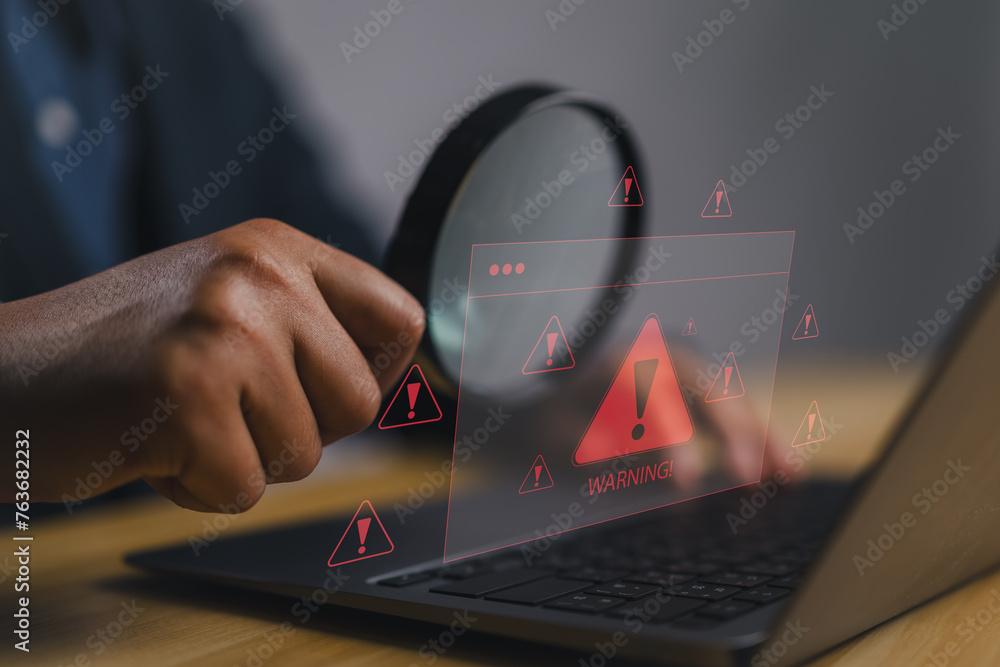 Fototapete System warning hacked alert, cyber attack on computer network. Cybersecurity vulnerability, data breach, illegal connection, compromised information concept. Malicious software, virus and cybercrime.