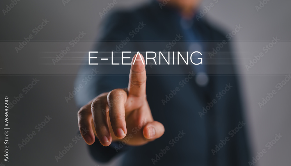 Poster online education concept. person touch virtual screen of e-learning word for online education traini