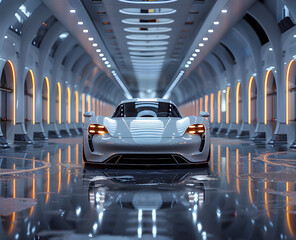 A sleek white personal luxury car is parked inside a futuristic tunnel, showcasing advanced...
