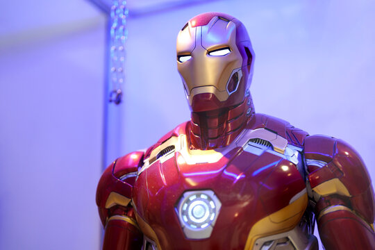 PENANG, MALAYSIA - 16 MAR 2024: A close-up of Iron Man figures in a display cabinet at a shopping mall. Iron Man is a fictional superhero character appearing in Marvel American comic books.