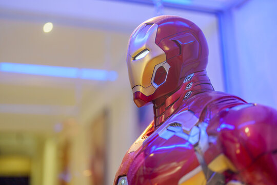 PENANG, MALAYSIA - 16 MAR 2024: A close-up of Iron Man figures in a display cabinet at a shopping mall. Iron Man is a fictional superhero character appearing in Marvel American comic books.