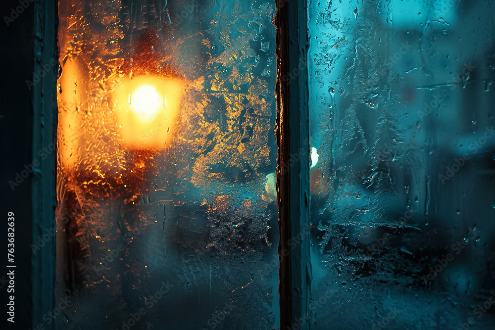 Poster a window with frost on it and a light shining through it