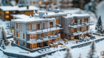 Condos equipped with heated gutter systems and anti-ice building coatings, with miniature construction 