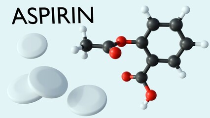 3D rendering of aspirin molecular structure with white medicines