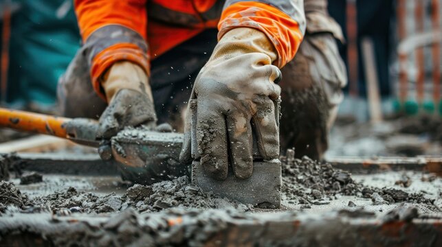 Close up of industrial bricklayer laying bricks on cement mix on construction site stock photo 