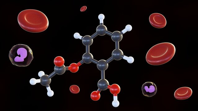 3d rendering of aspirin molecules inside of blood vessel with red and white blood cells