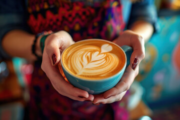 Woman holding cup of coffee with latte art. Cozy beverage and cafe culture. - obrazy, fototapety, plakaty