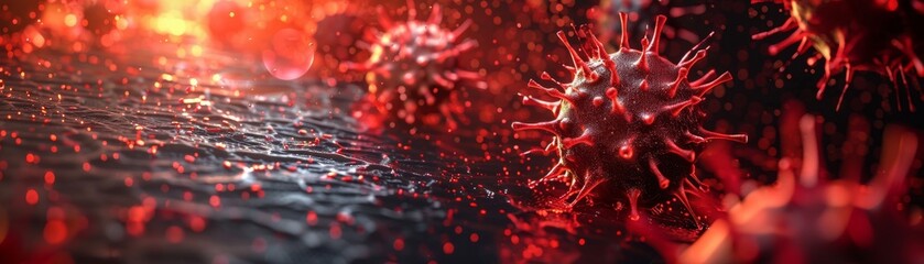 Viruses on Red Alert Background with Particles Suggesting a Health Hazard Alert

