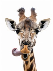 A giraffe with a remarkably long tongue sticking out its mouth in a playful manner