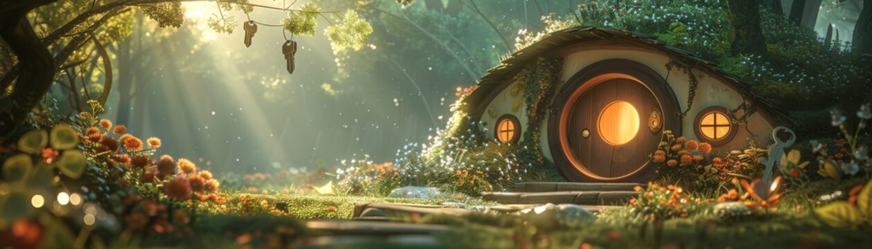 Fantasy Hobbit House with Key and Lush Floral Garden in an Enchanted Forest Setting

