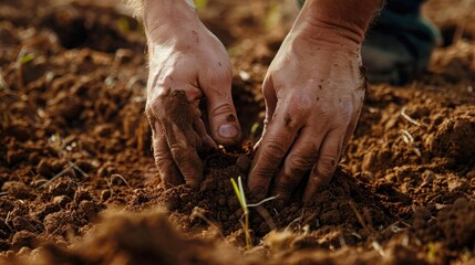 Farmer sieving soil through hands in farm