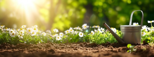 a garden with a watering can and a flower bed in the foreground with daisies in the background - obrazy, fototapety, plakaty