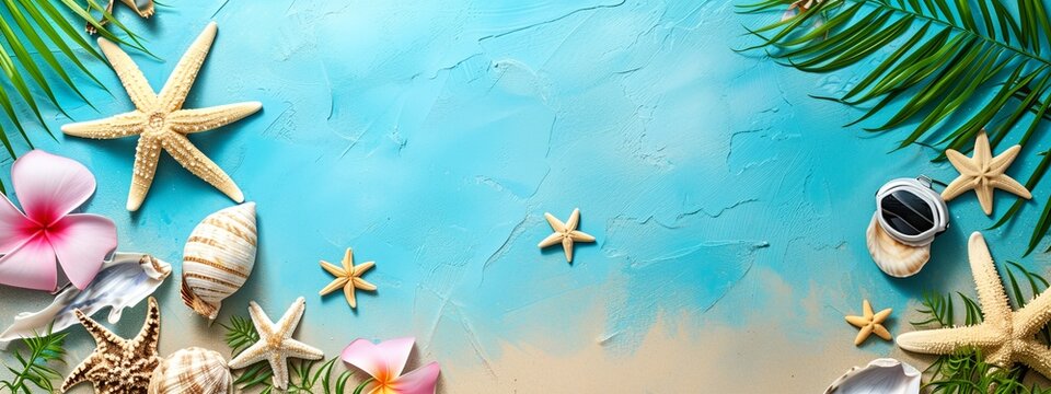 a blue background with shells and starfish on it and palm leaves and flowers