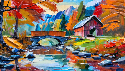 Painting of a covered bridge and river in New England in the autumn - obrazy, fototapety, plakaty