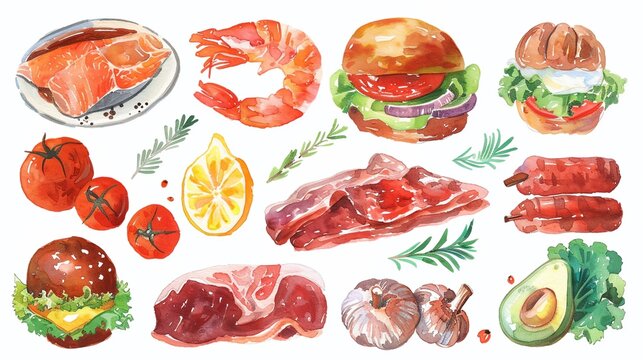 a drawing of a variety of food items on a white background