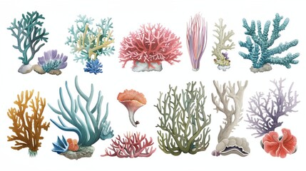 a group of corals and seaweeds on a white background - obrazy, fototapety, plakaty