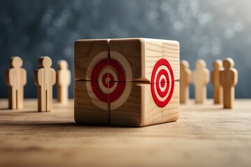 The image depicts wooden figures positioned around two stacked blocks, each displaying colorful target boards. This composition symbolizes focus, goal orientation, and the pursuit of objectives.