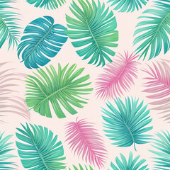 Fototapeta na wymiar illustration green and pink tropical mix leaves random pattern, pastel background wallpaper style