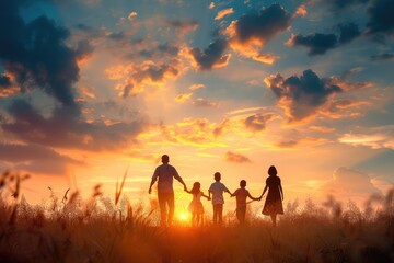 Fototapeta premium a family is holding hands in a field while sunsets