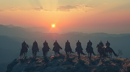 Chivalrous Riders: A Majestic Sight of Six Knights on Horseback at the Mountain Summit - obrazy, fototapety, plakaty