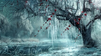 Ice and icicles and frozen rose hips and a weeping willow tree - obrazy, fototapety, plakaty