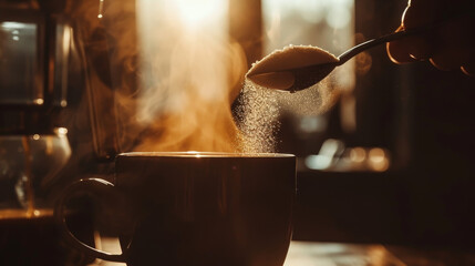 A hand is pouring sugar into a cup of coffee - obrazy, fototapety, plakaty