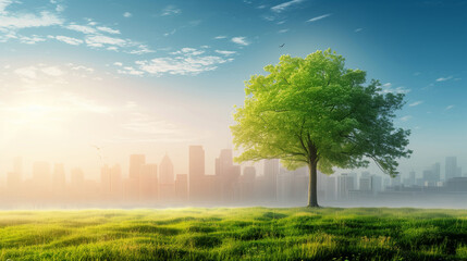 A tree stands in a grassy field next to a city, environmental restoration
