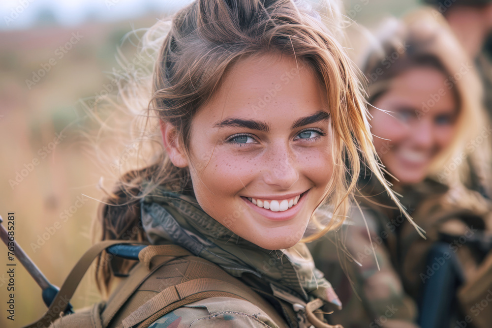 Canvas Prints Caucasian woman army soldier smiling in Universal Camouflage Uniform