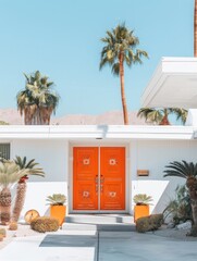 A white house with vibrant orange doors stands amid lush palm trees under a clear sky