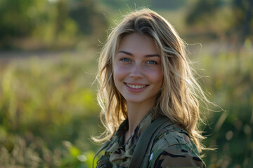 Blonde woman army soldier smiling in Universal Camouflage Uniform