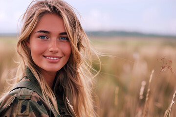 Blonde woman army soldier smiling in Universal Camouflage Uniform
