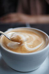 late coffee on cafe table at cafe background 
