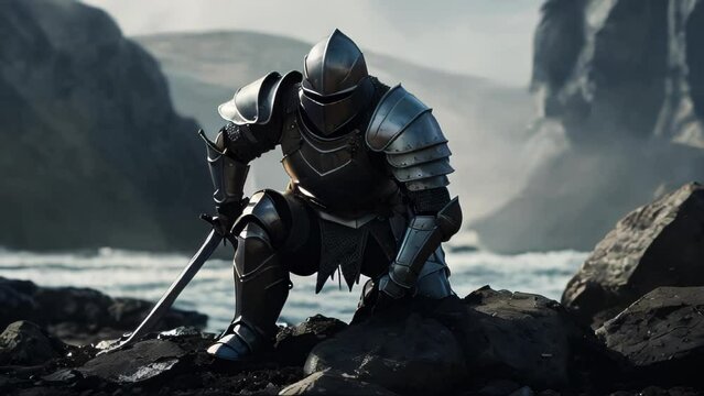 Armored knight kneeling on a rocky shore, with a sword thrust into the ground.
