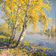 A painting of a tree standing next to a body of water, reflecting the green leaves and branches in the rippling surface