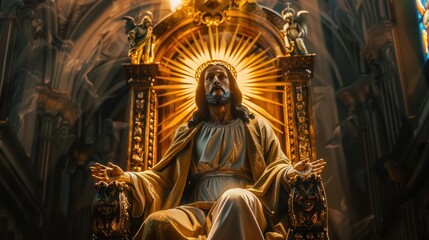 Obraz premium Heavenly depiction. Jesus seated regally on a majestic throne in divine radiance. Evokes awe and reverence.