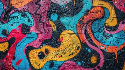 Urban Graffiti Wall. Colorful street art adorns an urban graffiti wall, expressing creativity with...