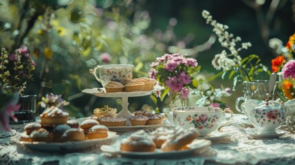Vintage tea party set in a quaint garden. Elegant tea gathering with floral china and pastries.