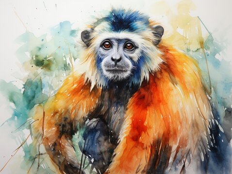 Gibbon, water color, drawing, vibrant color, cute