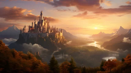 Foto op Canvas An enchanting castle overlooking the picturesque alpine landscape, its turrets and battlements silhouetted against the fiery hues of a setting sun, casting a magical glow over the mountains. © Graphica Galore