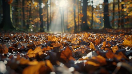 Cozy autumn forest scene with fallen leaves and dappled sunlight, inviting viewers to embrace the beauty of the season.