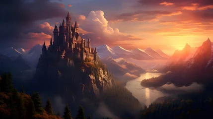 Fototapeten An enchanting castle overlooking the picturesque alpine landscape, its turrets and battlements silhouetted against the fiery hues of a setting sun, casting a magical glow over the mountains. © Graphica Galore