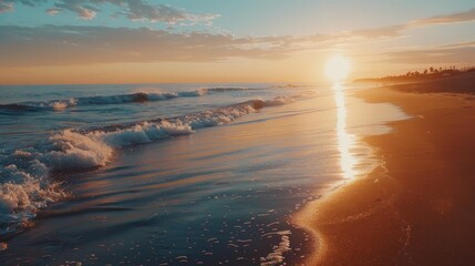 Sunrise over tranquil ocean waves gently washing onto sandy shore with warm morning light reflecting on water. Peaceful coastal landscape for relaxation and travel.